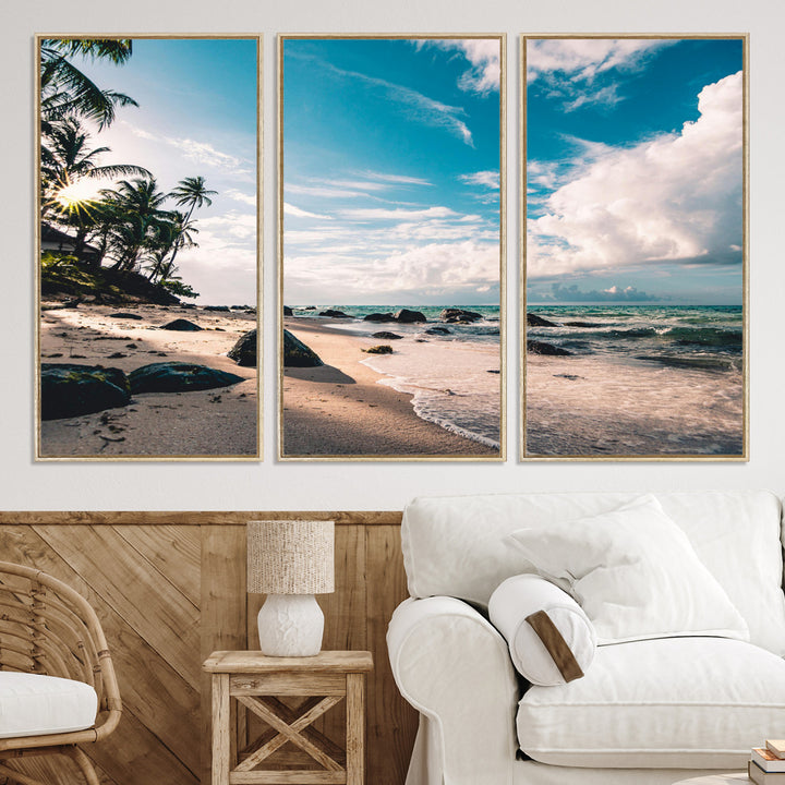 Tropical Beach Wall Art Canvas Print, Framed Ocean Waves Art Picture Print, Relaxing Seascape Perfect Tropical Coastal Decor Artwork