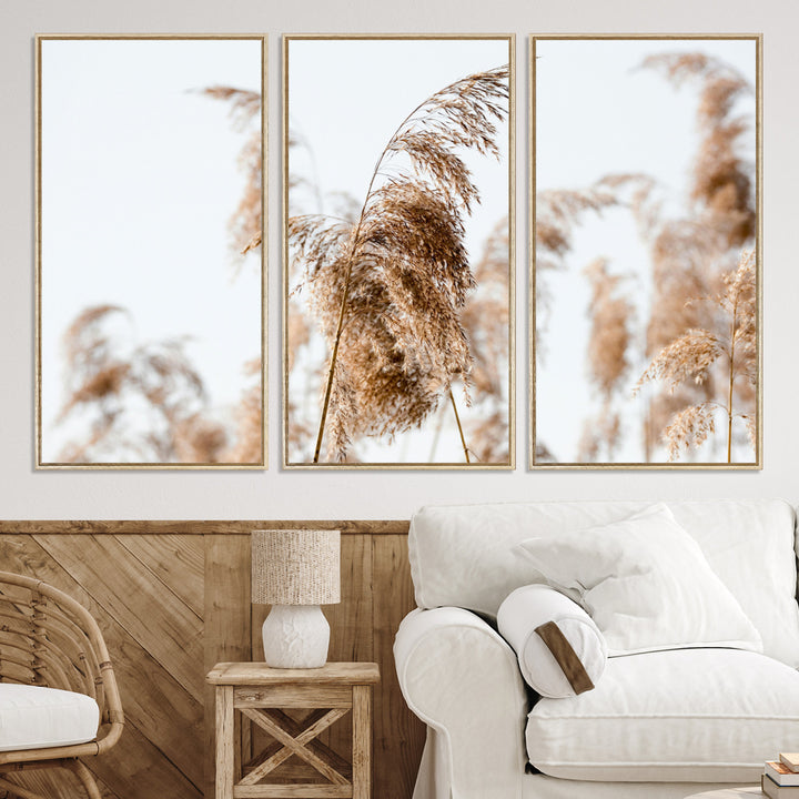 Pampas Grass Wall Art Canvas Print, Framed Neutral Tones Art Picture Print, Minimalist Nature Perfect Boho Decor Artwork