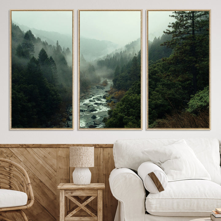 Misty Forest Wall Art Canvas Print, Framed Foggy River Art Picture Print, Moody Landscape Perfect Wilderness Decor Artwork