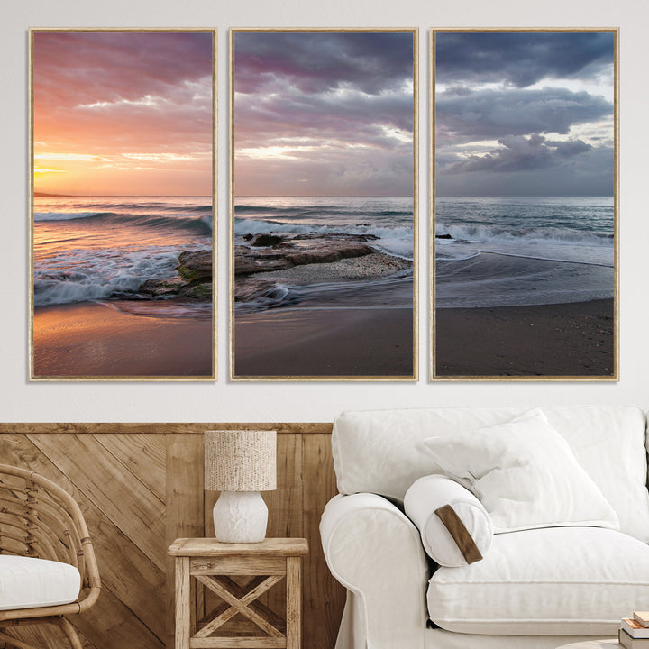 Golden Hour Wall Art Canvas Print, Framed Tranquil Waves Art Picture Print, Beach Perfect Coastal Serenity Decor Artwork
