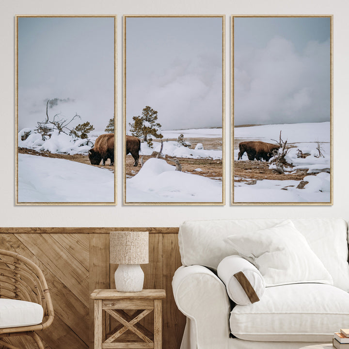 Bison Wildlife Wall Art Canvas Print, Framed Snowy Prairie Art Picture Print, Western Perfect Rustic Decor Artwork