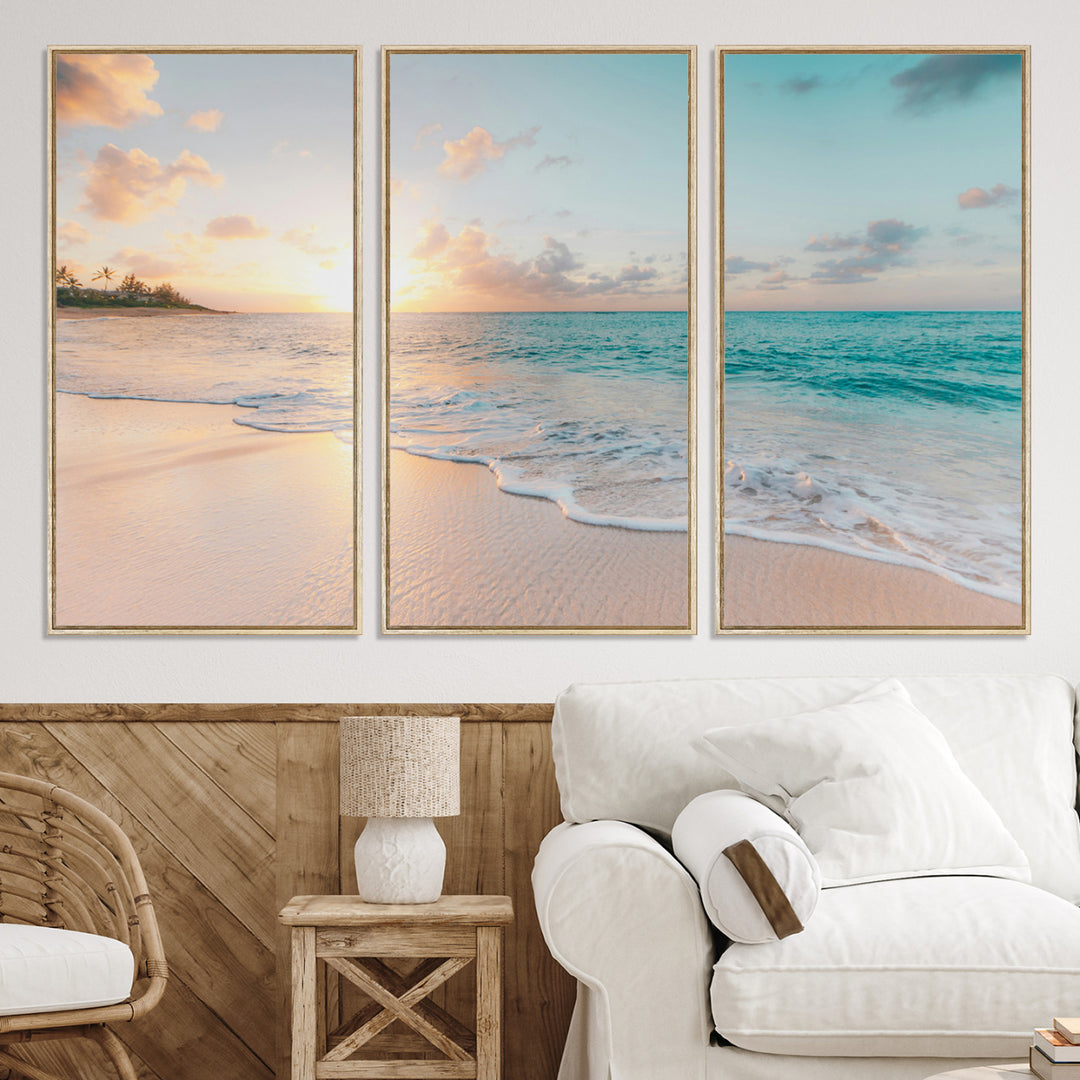 Beach Sunset Wall Art Canvas Print, Framed Ocean Waves Art Picture Print, Summer Escape Perfect Coastal Decor Artwork