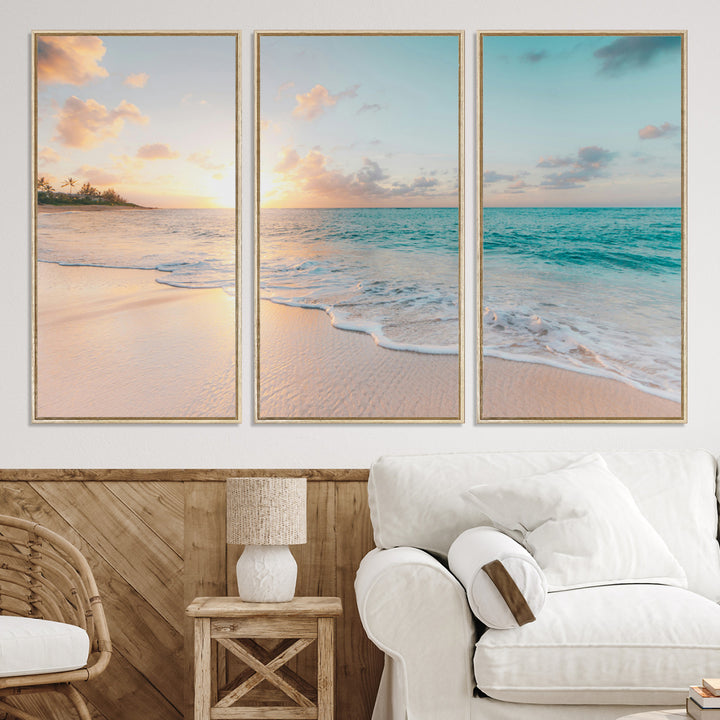 Beach Sunset Wall Art Canvas Print, Framed Ocean Waves Art Picture Print, Summer Escape Perfect Coastal Decor Artwork