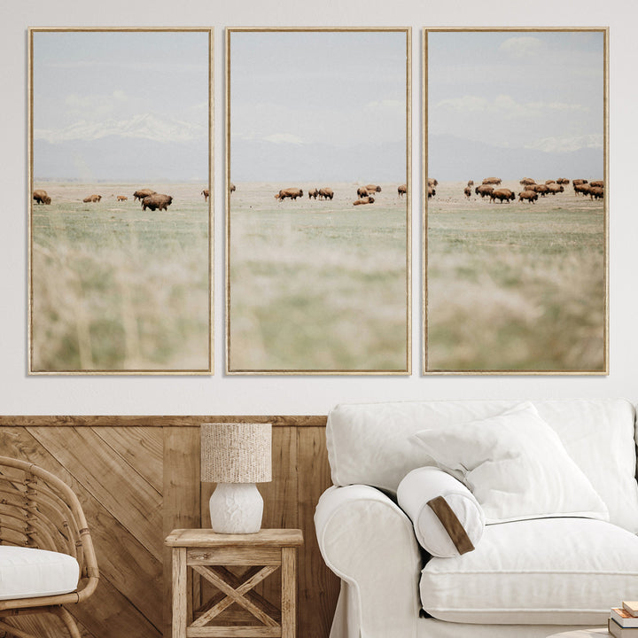 Bison Herd Wall Art Canvas Print, Framed Western Art Picture Print, Bison Perfect Ranch Decor Artwork
