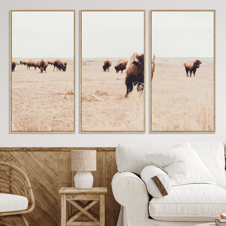 Bison Herd Wall Art Canvas Print, Framed Western Art Picture Print, Prairie Serenity Perfect Ranch Decor Artwork