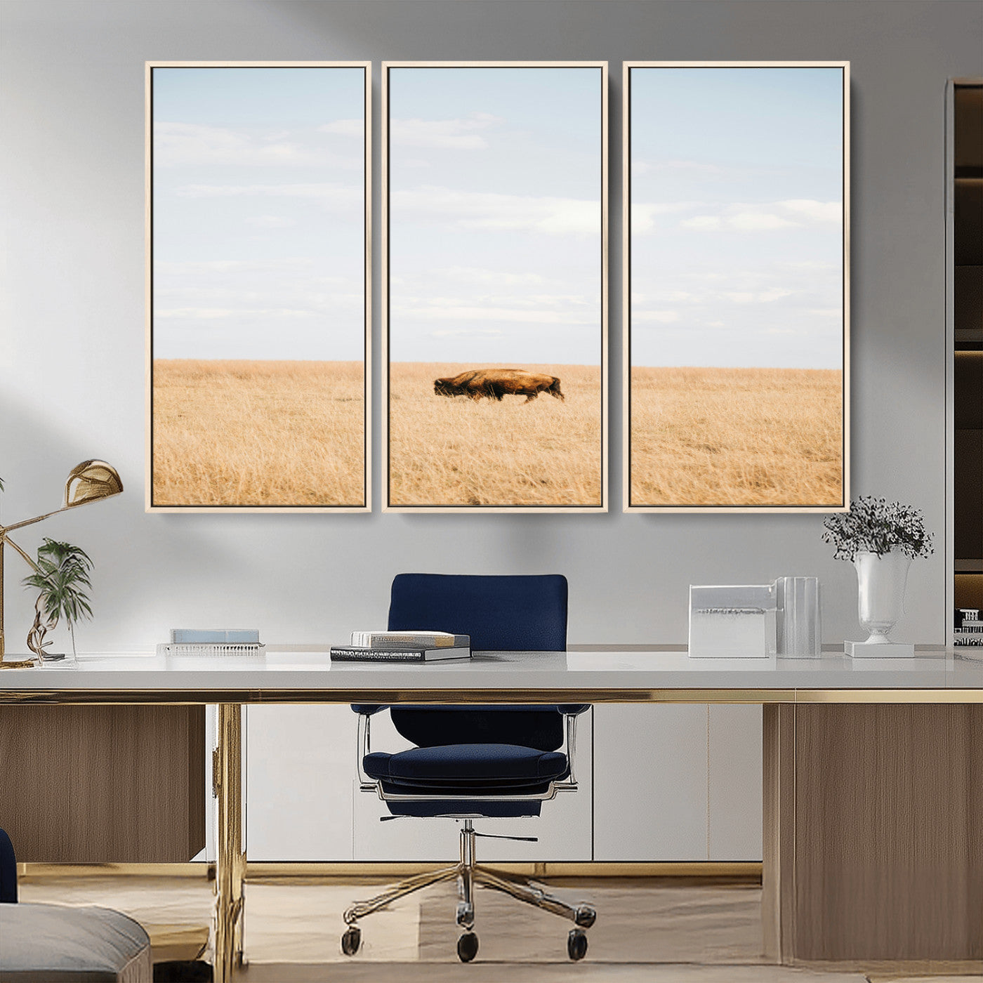 MGV-FC-48X32-3P - Minimalist Nature Wall Art Canvas Print, Framed Bison In Grassland Art Picture Print, Open Field Perfect Modern Ranch Decor Decor Artwork