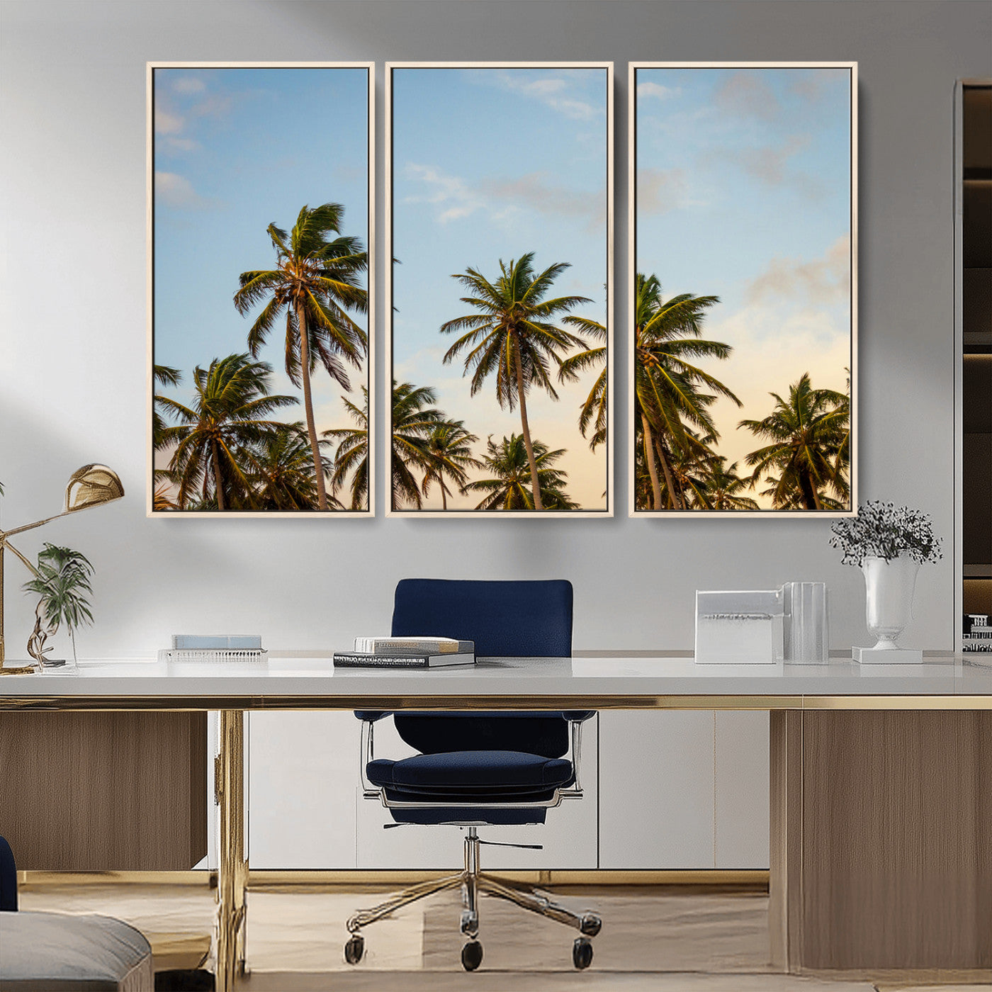 MGV-FC-48X32-3P - Palm Trees Wall Art Canvas Print, Framed Tropical Vibes Art Picture Print, Coastal Sunset Perfect Coastal Boho Decor Artwork