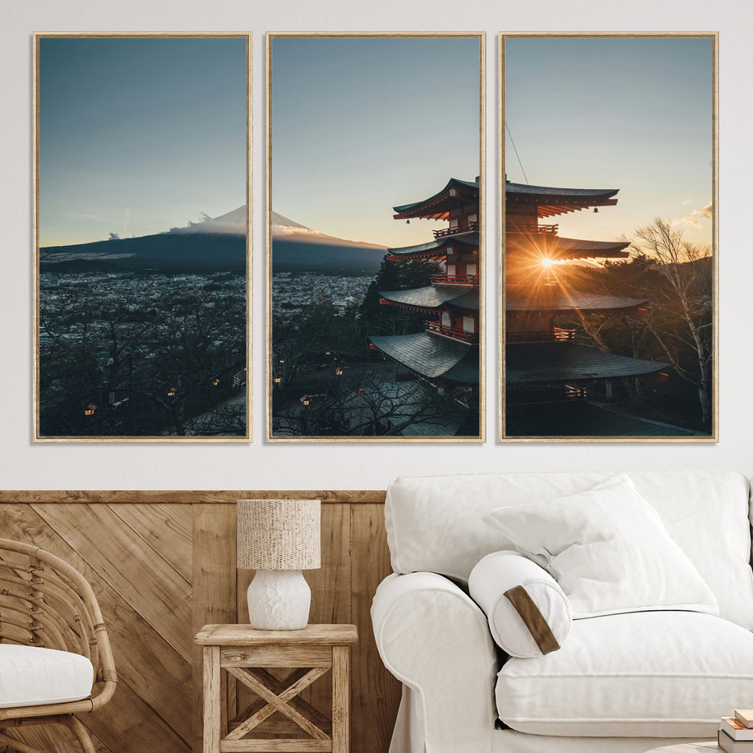 Chureito Pagoda at sunset with Mount Fuji in the background, city lights below, and golden sun rays, ideal for Japanese-inspired wall art.