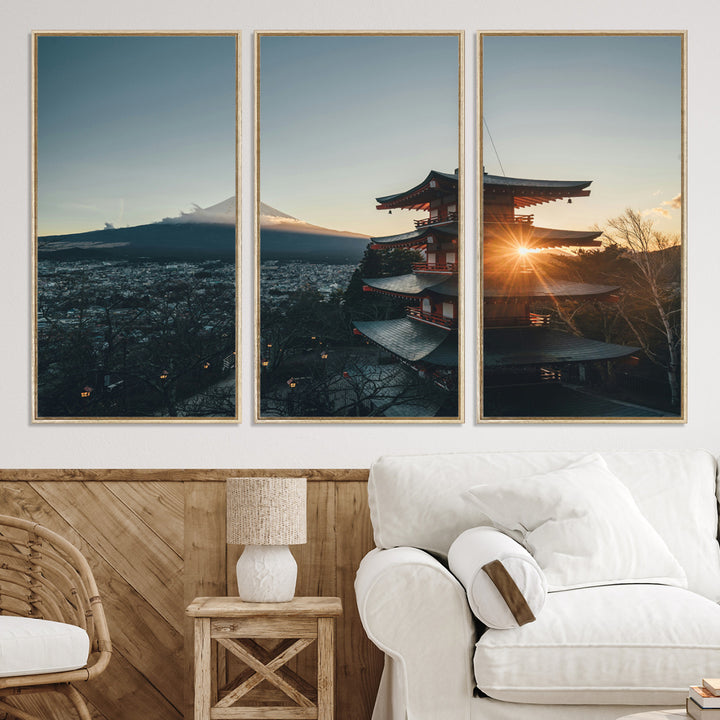 Chureito Pagoda at sunset with Mount Fuji in the background, city lights below, and golden sun rays, ideal for Japanese-inspired wall art.
