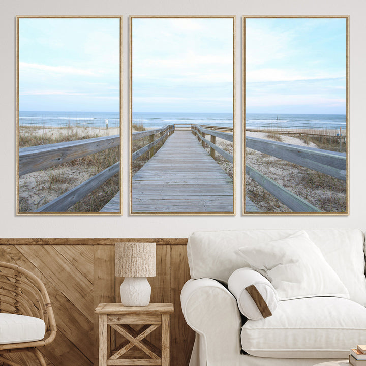 Beach Boardwalk Wall Art Canvas Print, Framed Coastal Serenity Art Picture Print, Ocean View Perfect Coastal Decor Artwork