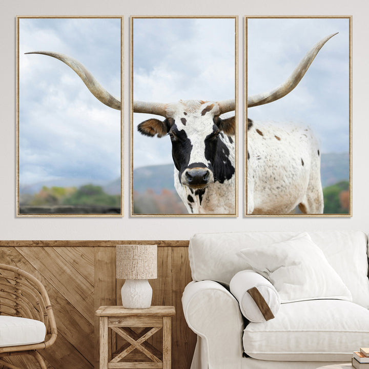 Texas Longhorn Wall Art Canvas Print, Framed Western Rustic Art Picture Print, Farmhouse Decor Perfect Farmhouse Decor Artwork