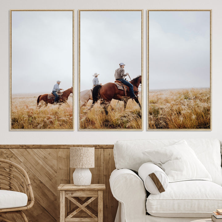 Three cowboys riding horses through a foggy prairie landscape, dressed in Western attire, evoking a rustic and adventurous Wild West aesthetic.