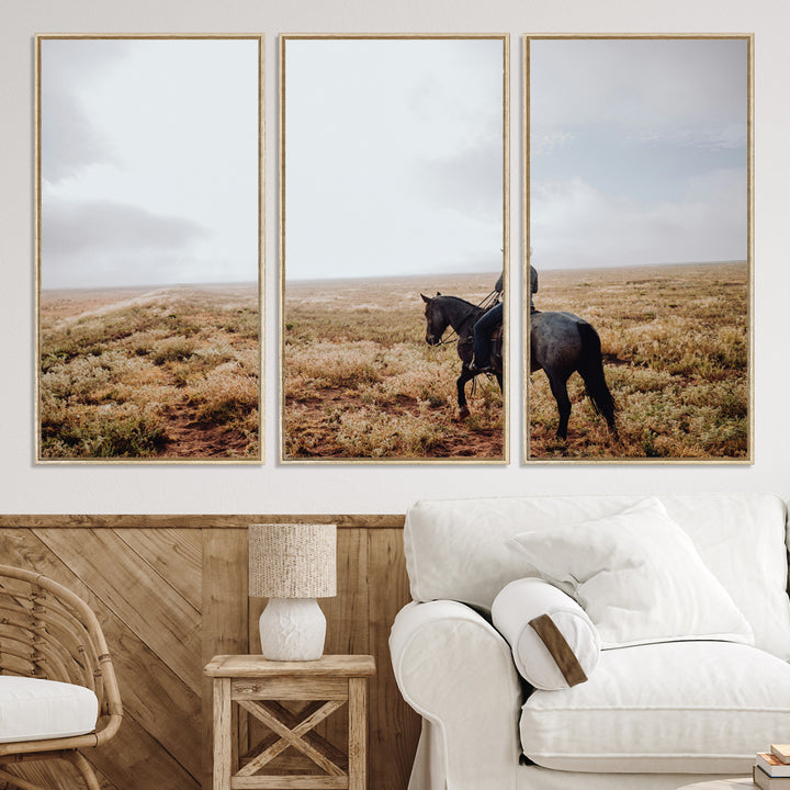 A lone cowboy riding horseback across an open prairie under a vast sky, capturing the rugged and timeless spirit of the Western frontier.