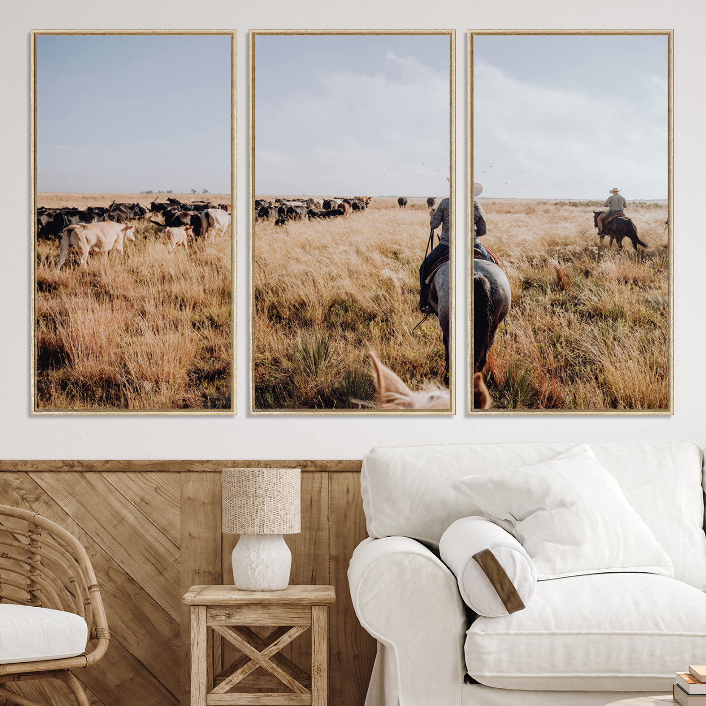 22431577-MGV-CV-36X24-Western Wall Art Wall Art Canvas Print, Framed Cowboy Canvas Art Picture Print, Cattle Drive Scene Perfect Rustic Western Decor Artwork
