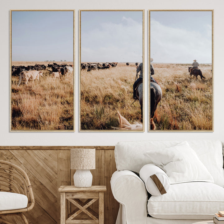 A cowboy and cowgirl on horseback herding cattle through golden grasslands, capturing a rustic and authentic Western ranch lifestyle.