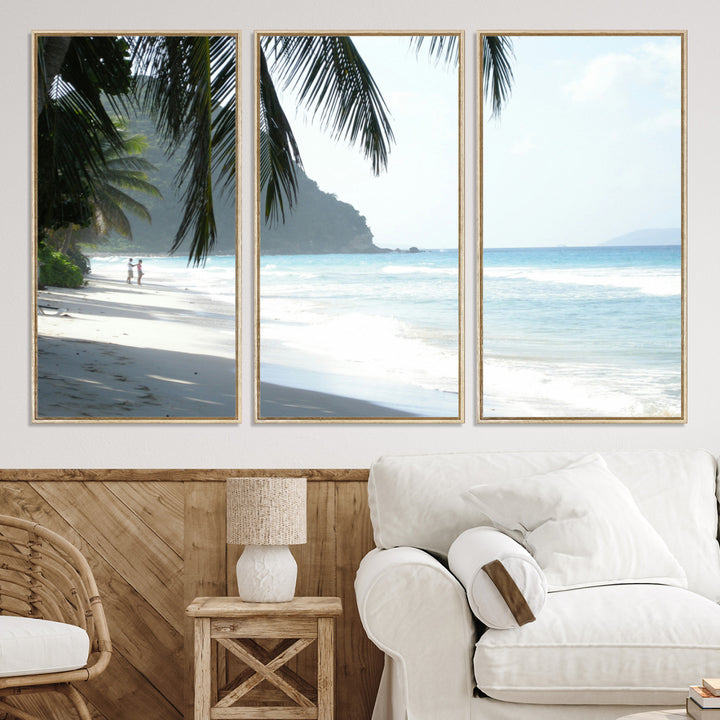 Tropical beach with palm tree shadows, white sand, and turquoise ocean waves, creating a serene and relaxing island escape atmosphere.
