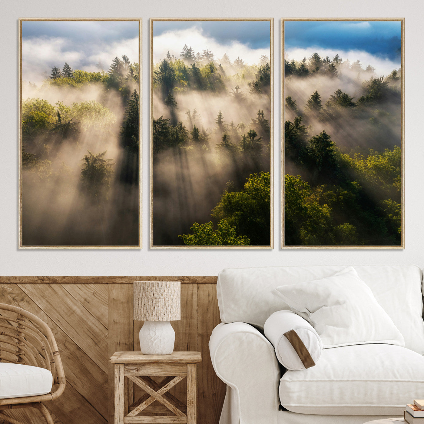14785710-MGV-CV-36X24-Tranquil Forest Scene Wall Art Canvas Print, Framed Sunbeam Through Trees Art Picture Print, Moody Green Wall Art Perfect Scandinavian