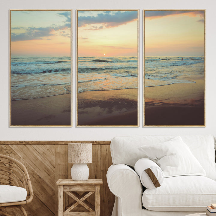 Warm sunset over gentle ocean waves with pastel sky and reflections on wet sand, creating a calm and soothing beach ambiance.