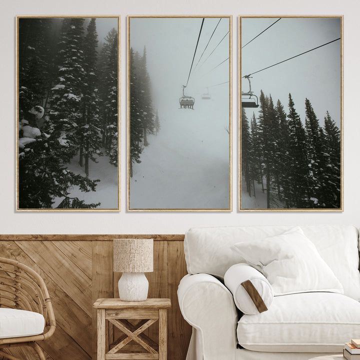 Ski Lift Wall Art Canvas Print, Framed Snowy Pines Art Picture Print, Misty Landscape Perfect Winter Serenity Decor Artwork