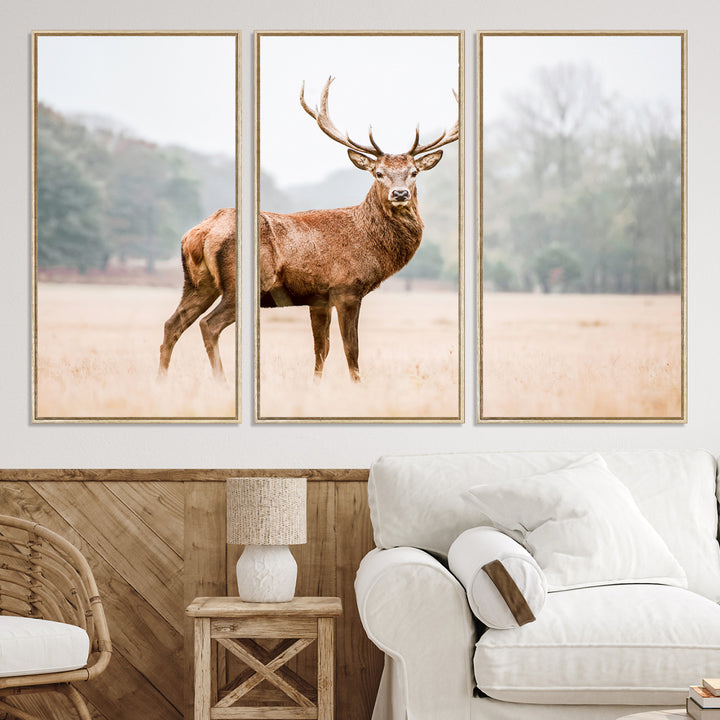 Vintage Wildlife Canvas Print, Framed Misty Landscape Art Picture Print, Deer Wall Art Perfect Rustic Wildlife Decor Artwork