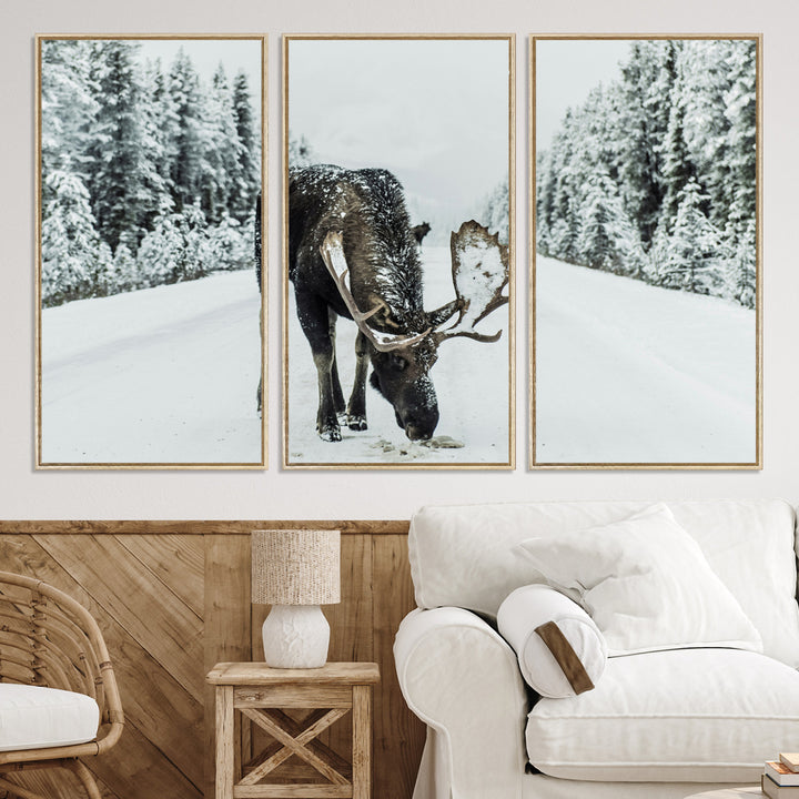 Moose in Snow Wall Art Canvas Print, Framed Winter Wildlife Art Picture Print, Snowy Forest Scene Perfect Rustic Lodge Decor Artwork