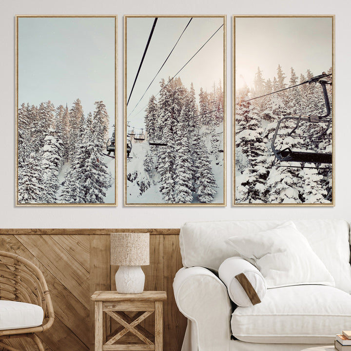 91534512-MGV-CV-36X24-Frosty Pines Wall Art Canvas Print, Framed Cozy Cabin View Art Picture Print, Ski Lift Ride Perfect Rustic Lodge Decor Artwork