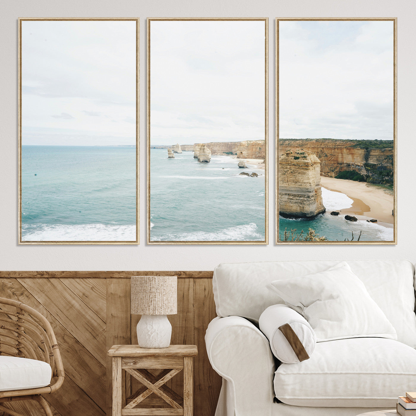 70095633-MGV-CV-36X24-Twelve Apostles Wall Art Canvas Print, Framed Coastal Cliffs Art Picture Print, Rugged Rock Formations Perfect Minimalist Coastal Decor