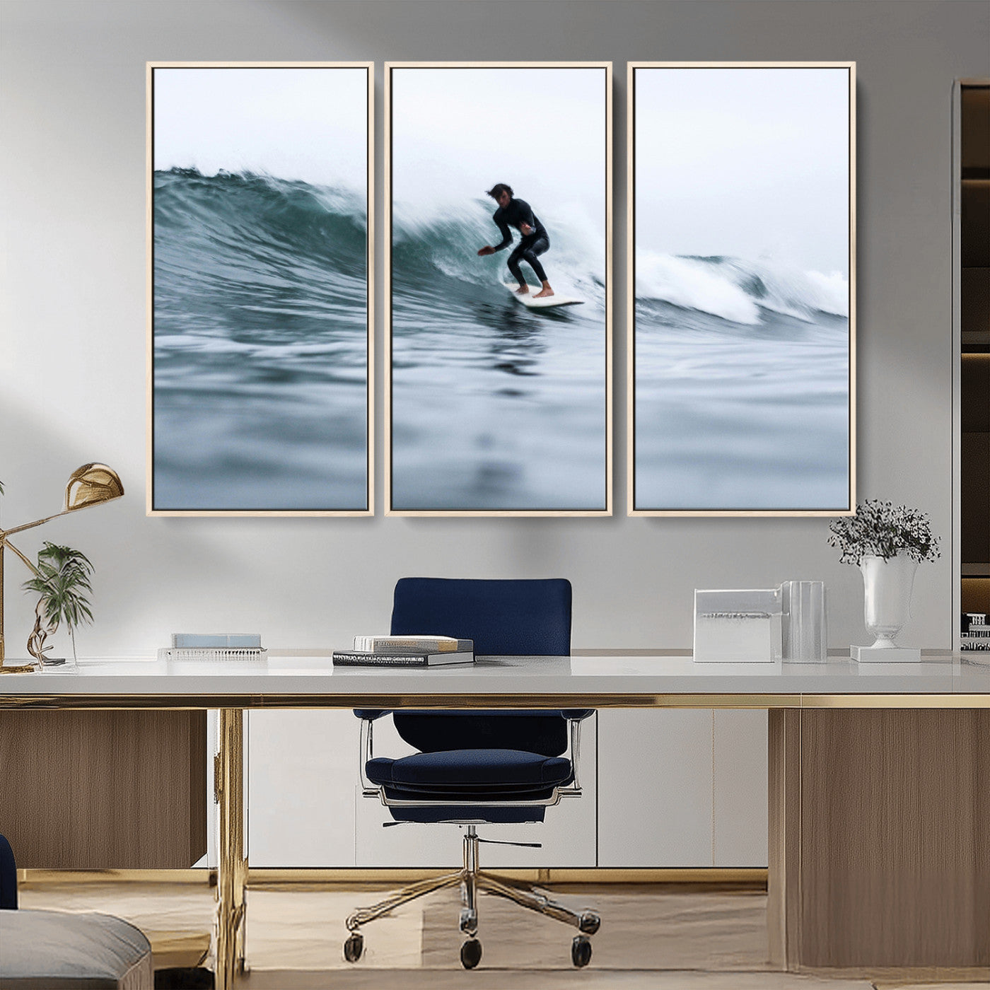 MGV-FC-48X32-3P - Surfer on Wave Wall Art Canvas Print, Framed Ocean Adventure Art Picture Print, Motion Blur Water Perfect Coastal Adventure Decor Artwork