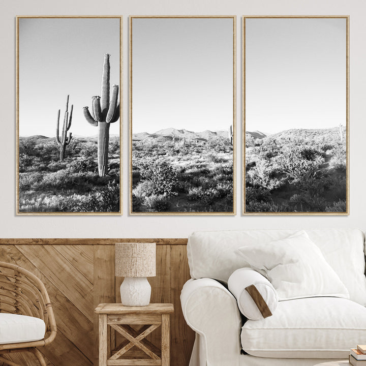 Saguaro Cactus Wall Art Canvas Print, Monochrome Landscape Print, Framed Scenic Arizona Art Print, Large Timeless Western Aesthetic Printing