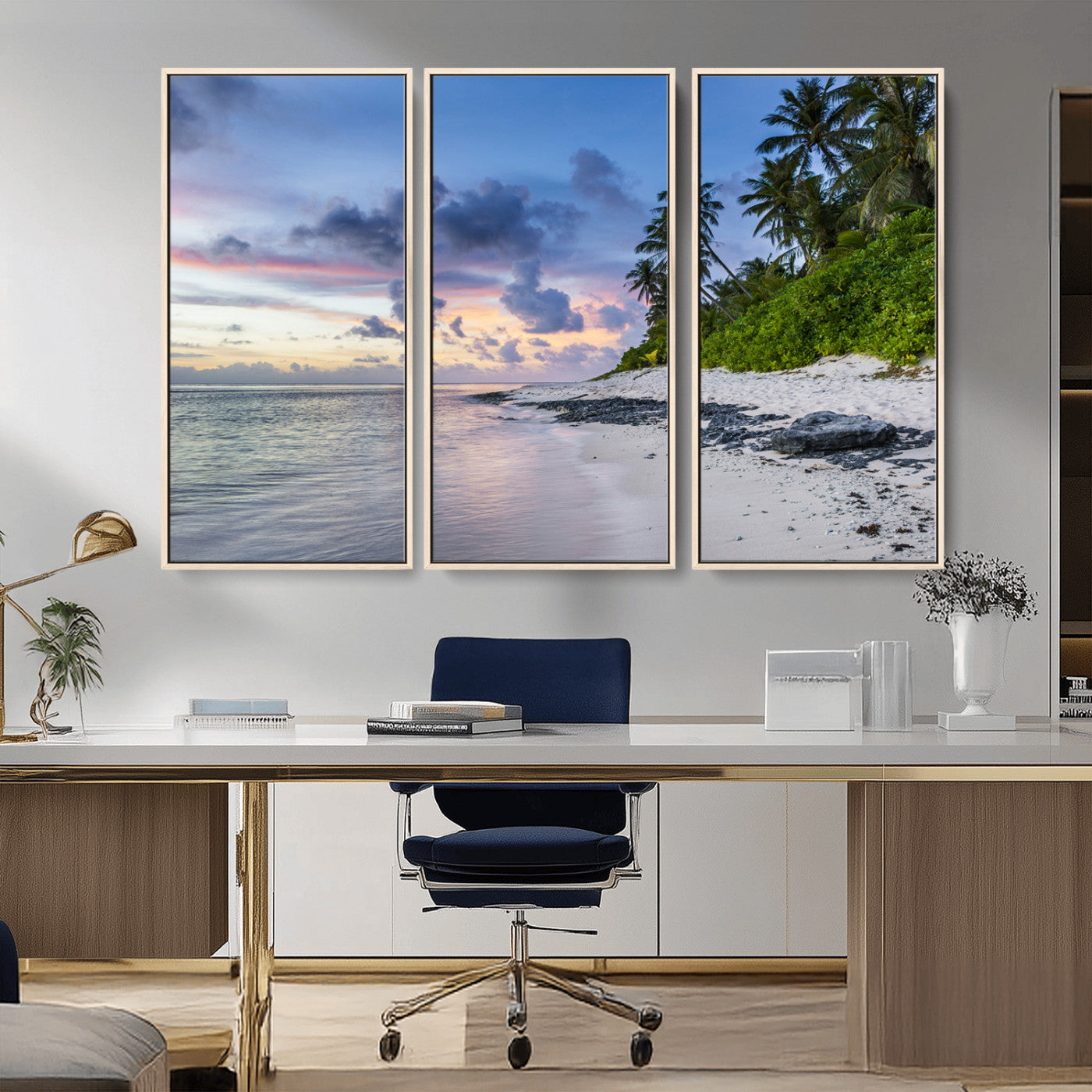 MGV-FC-48X32-3P - Tropical Beach Wall Art Canvas Print, Framed Sunset Glow Art Picture Print, Palm Tree Coast Perfect Tropical Coastal Decor Artwork