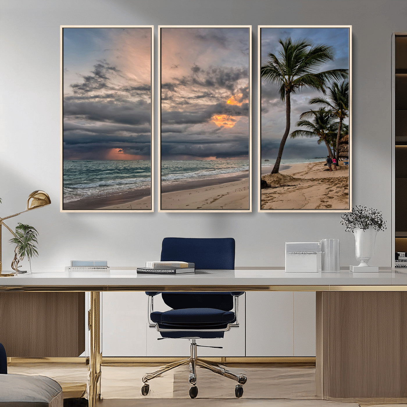 MGV-FC-48X32-3P - Tropical Storm Wall Art Canvas Print, Framed Moody Beach Art Picture Print, Dramatic Sky Perfect Tropical Coastal Decor Artwork