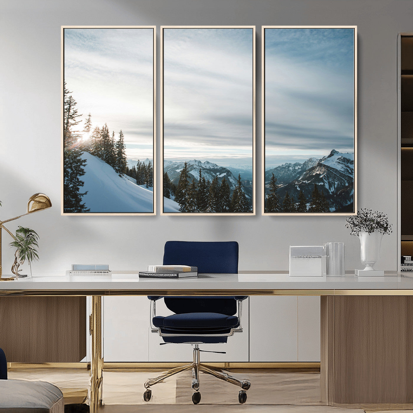 MGV-FC-48X32-3P - Snowy Mountains Wall Art Canvas Print, Framed Alpine Landscape Art Picture Print, Frosty Peaks Perfect Nordic Minimalist Decor Artwork