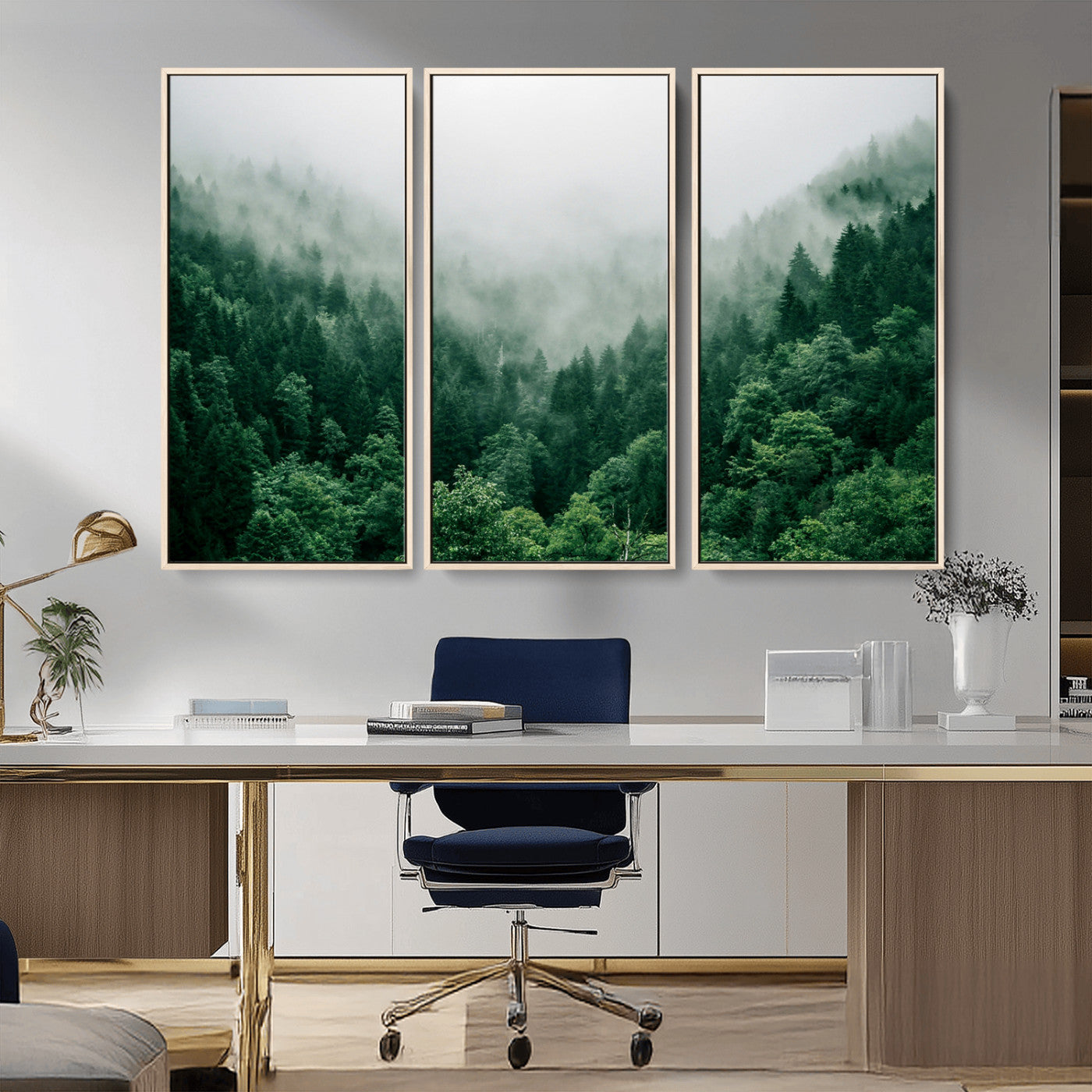 MGV-FC-48X32-3P - Misty Green Forest Canvas Print – Serene Foggy Pine Landscape Wall Art, Tranquil Nature Decor for