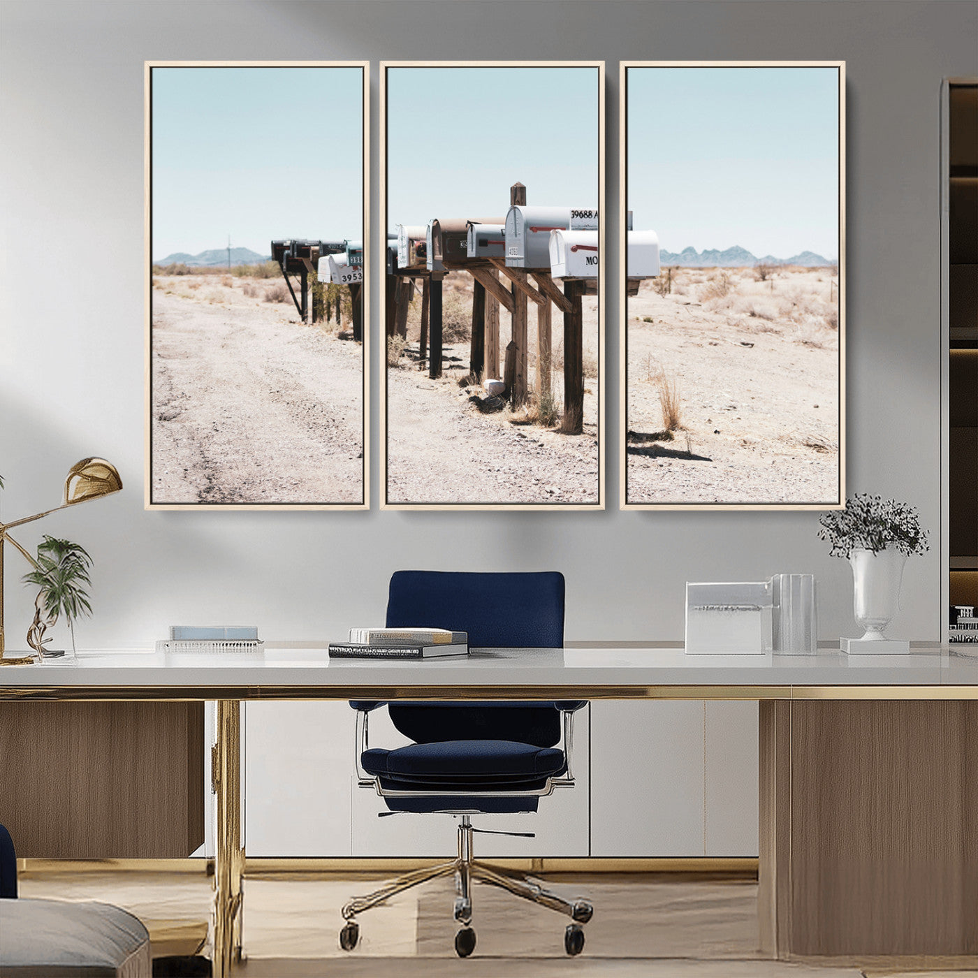 MGV-FC-48X32-3P - Desert Mailboxes Canvas Print – Minimal Western Landscape Photography, Rustic Americana Wall Art for
