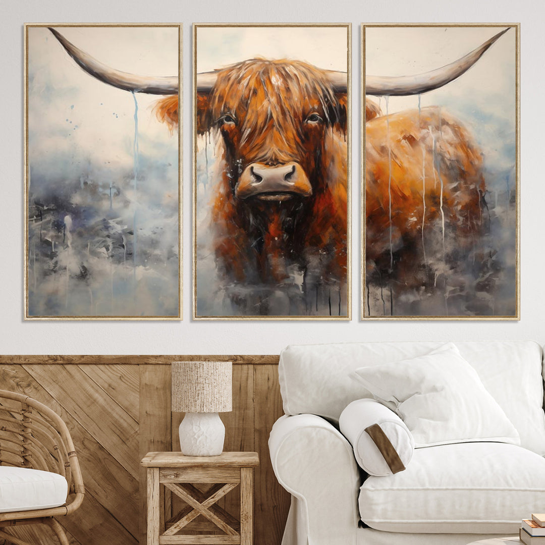 Scottish Highland Wall Art Canvas Print, Framed Longhorn Art Picture Print, Western Cow Perfect Farmhouse Decor Artwork