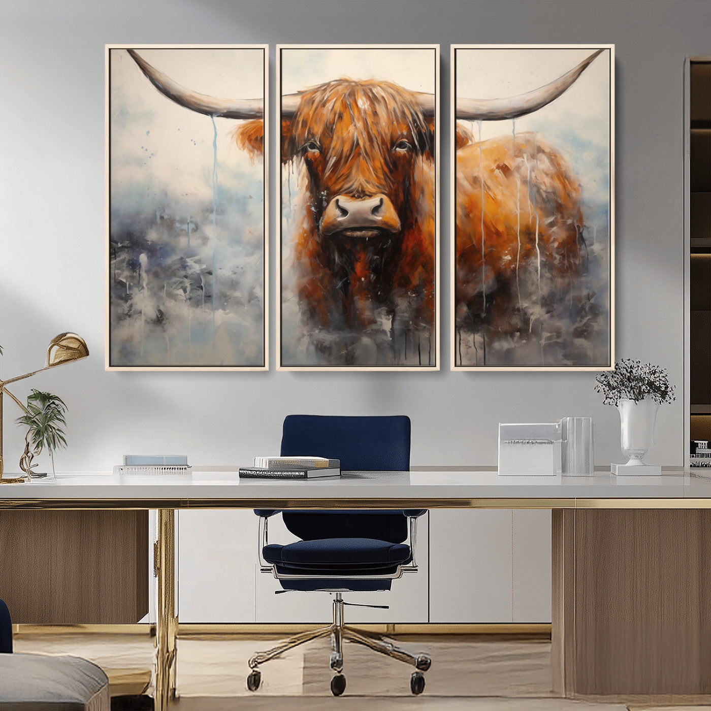 MGV-FC-48X32-3P - Scottish Highland Wall Art Canvas Print, Framed Longhorn Art Picture Print, Western Cow Perfect Farmhouse Decor Artwork