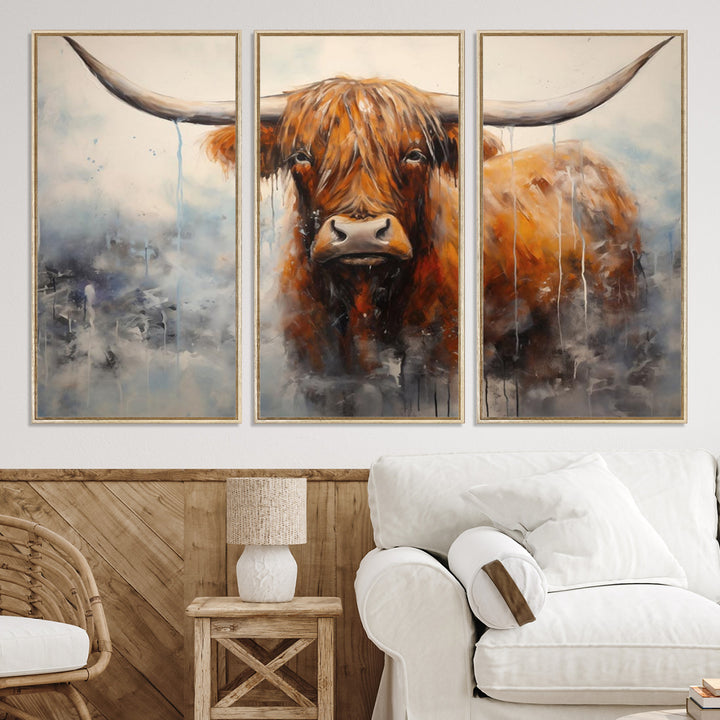 Scottish Highland Wall Art Canvas Print, Framed Longhorn Art Picture Print, Western Cow Perfect Farmhouse Decor Artwork