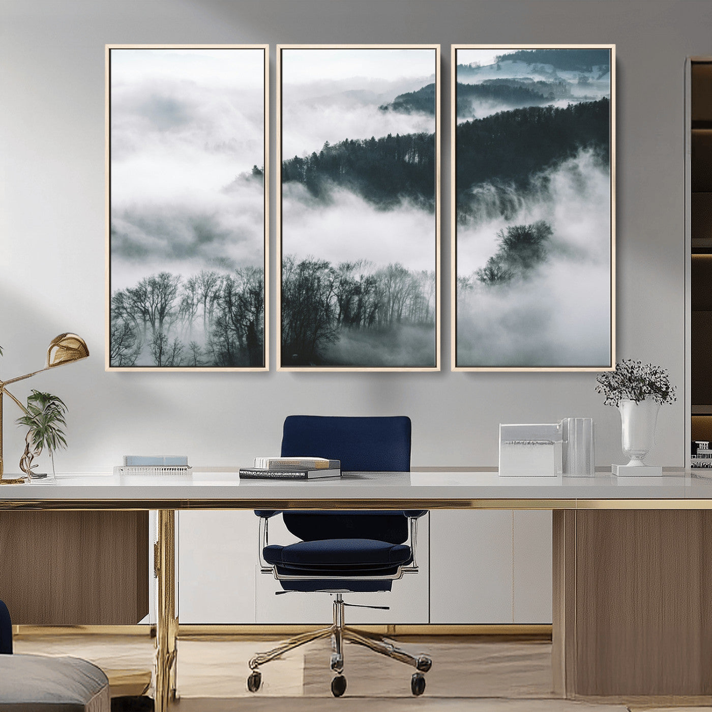 67569654-MGV-CV-36X24-Foggy Forest Landscape Wall Art Canvas Print – Misty Mountain Valley Scene in Monochrome Tones, Perfect for Minimalist or Nordic Home Decor