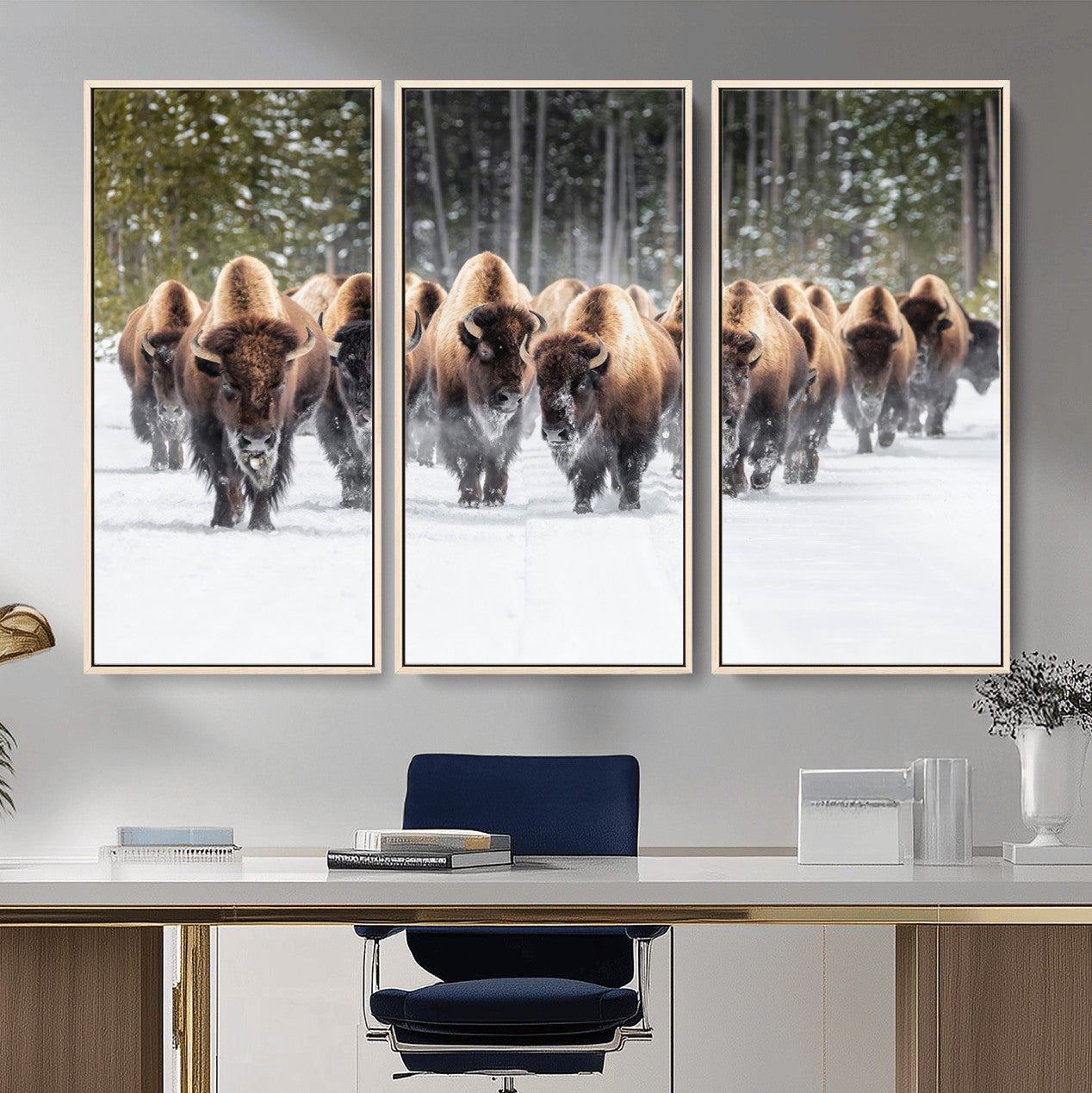 96906195-MGV-FC-48X32-3P - American Bison Herd Snow Canvas Wall Art – Powerful Winter Wildlife Print of Buffalo Motion, Rustic Lodge or Western Cabin Decor for Living Room, Office