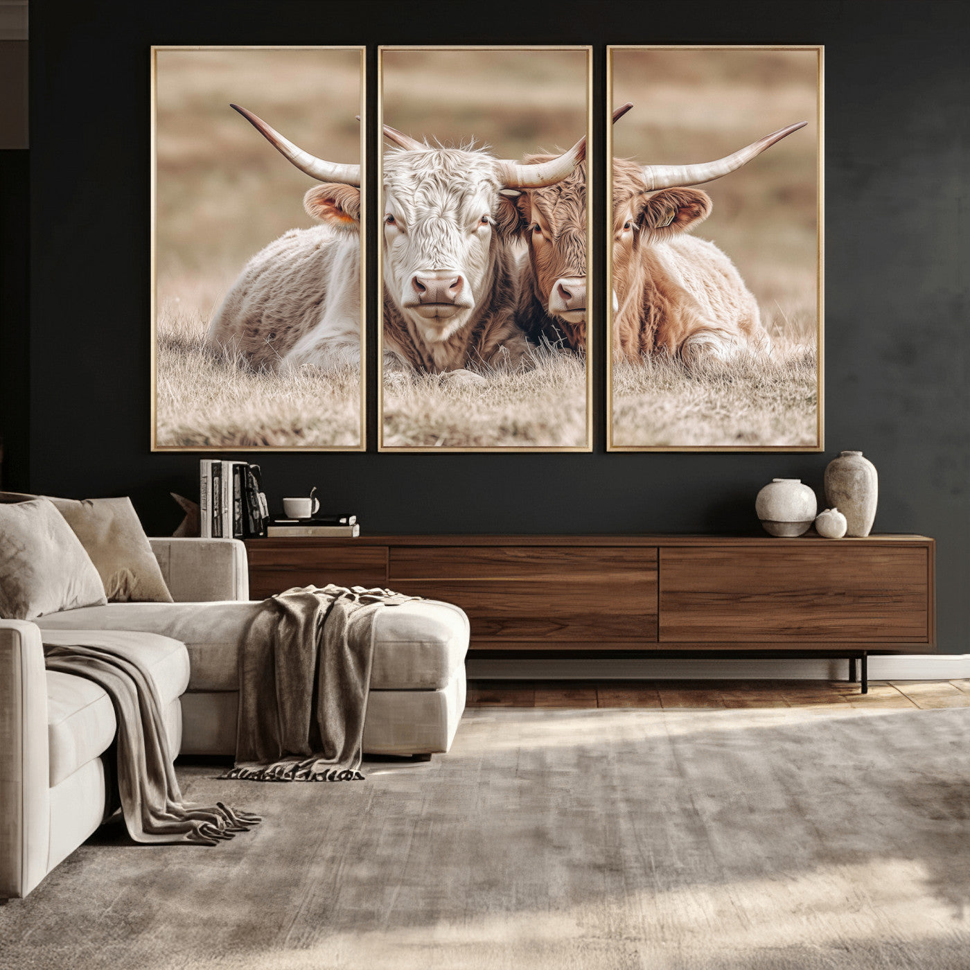 38651722-MGV-CV-36X24 - Highland Cows Meadow Canvas Wall Art – Peaceful Cow Photography Print, Rustic Farmhouse Animal Decor for Country Home, Living Room, Office