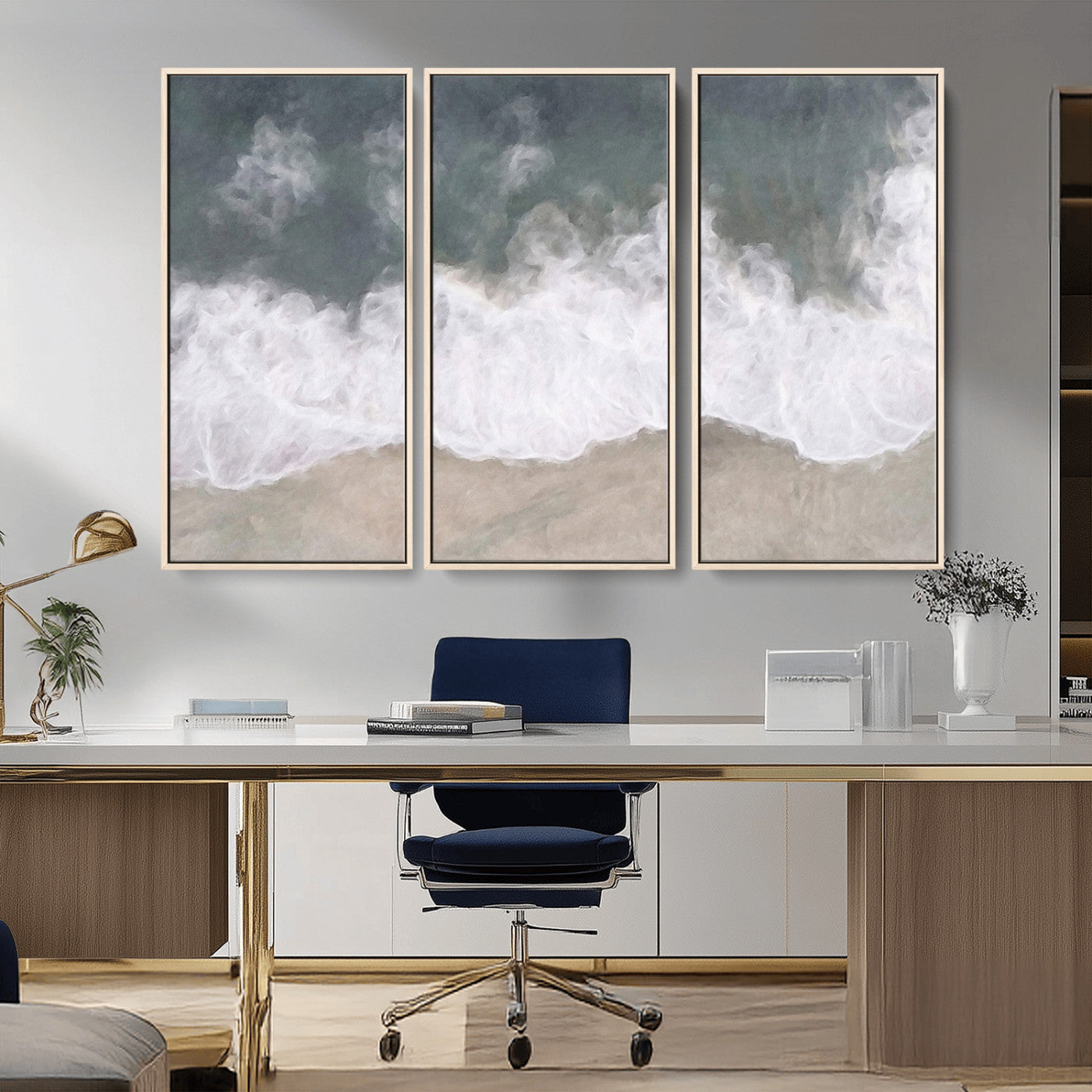Wall art canvas print featuring foamy ocean waves softly rolling onto a sandy shore with a dreamy, painterly texture.