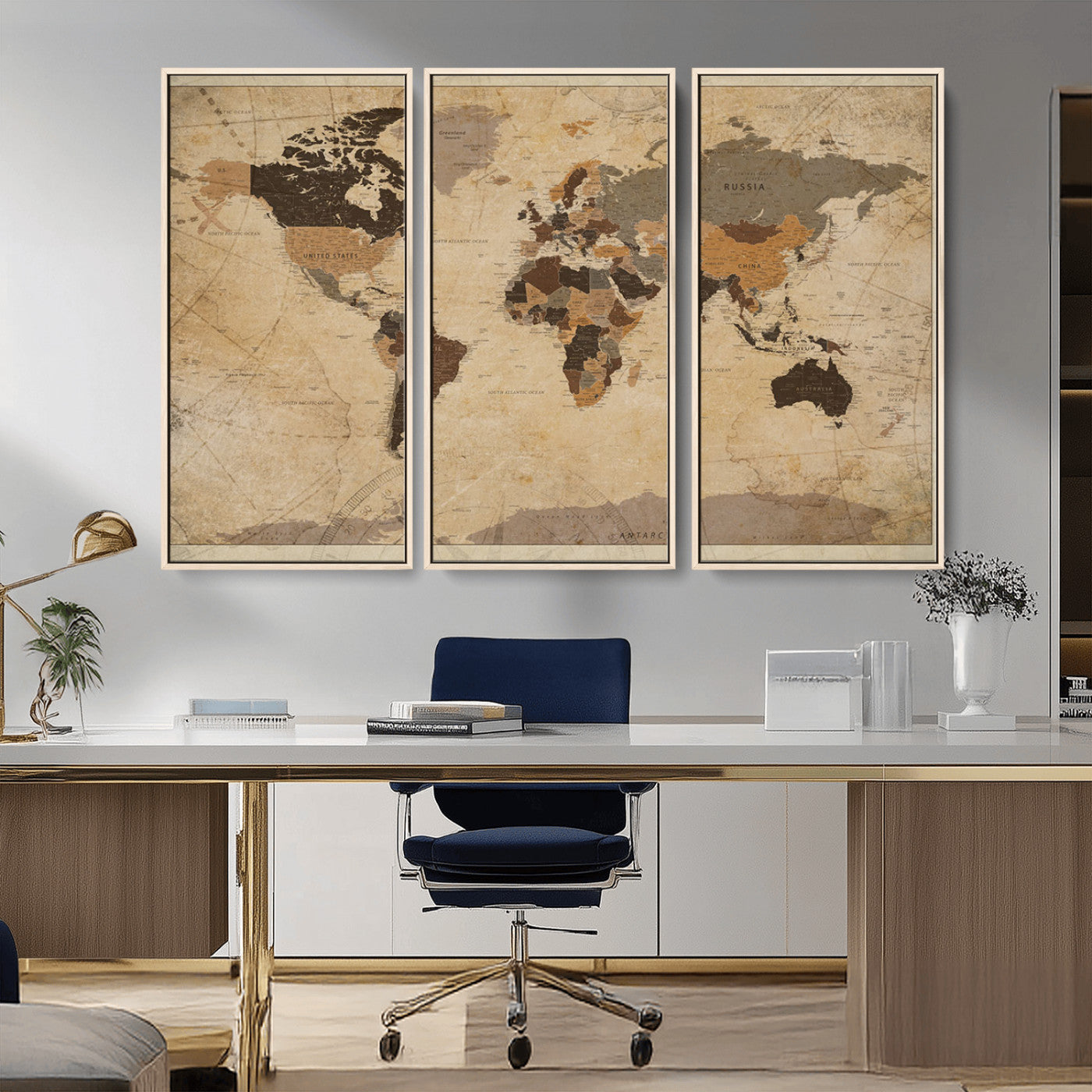 Vintage-style world map with muted brown, beige, and sepia tones, showing countries and continents with a weathered paper texture background.