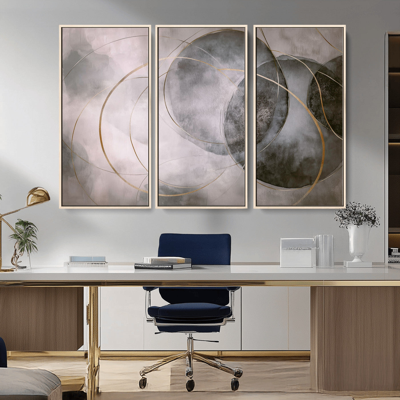 MGV-FC-48X32-3P - Wall Art Canvas Print Abstract Gray Black Gold Circles Soft Texture Modern Minimalist Artistic Home Decor Contemporary Elegant Stylish Unique