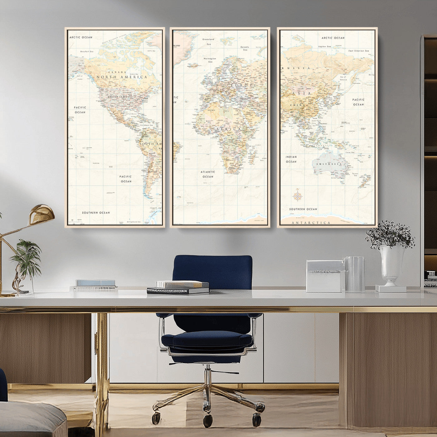 An antique-style world map showing continents, countries, and oceans with soft beige tones, detailed borders, and classic typography, enhanced by a subtle grid overlay and a vintage compass rose.