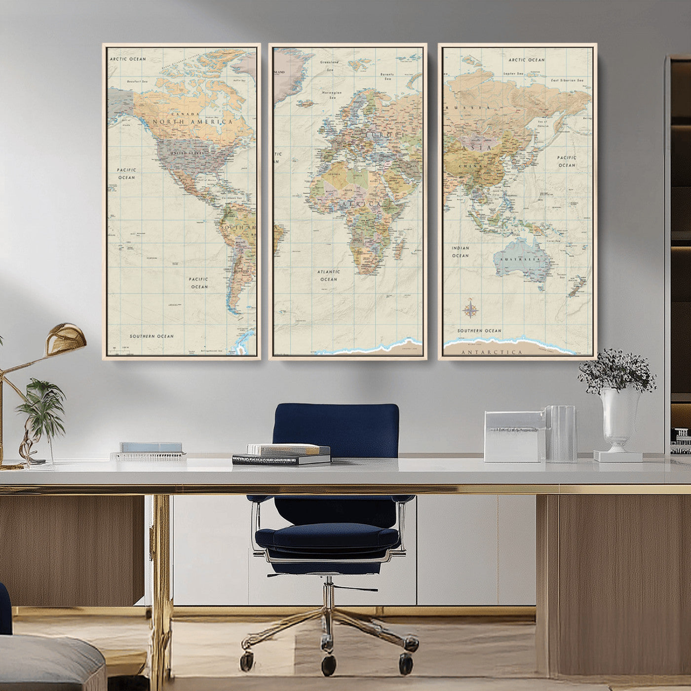 A detailed vintage-style political world map displaying continents, countries, and oceans with clear borders and labels, set on a beige textured background with grid lines.