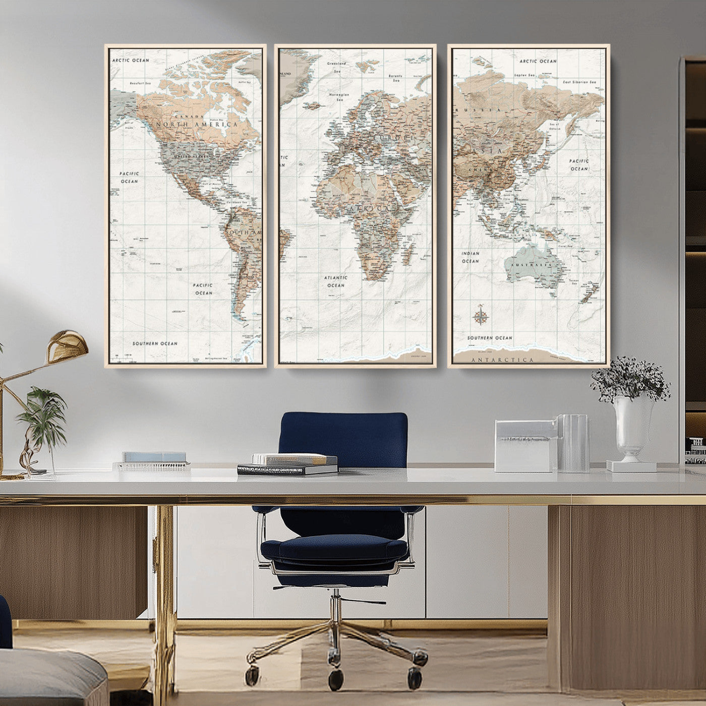 Vintage world map with detailed country borders and labels, featuring soft earthy tones of beige, brown, and gray on a textured parchment background, including oceans, continents, and major cities.