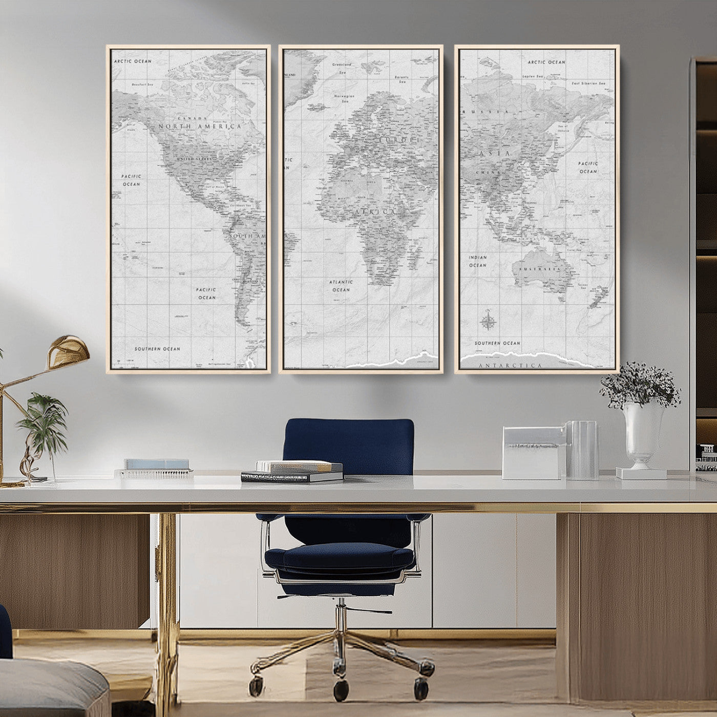 Grayscale vintage world map with detailed country borders, oceans, continents, and major cities on a textured parchment background.