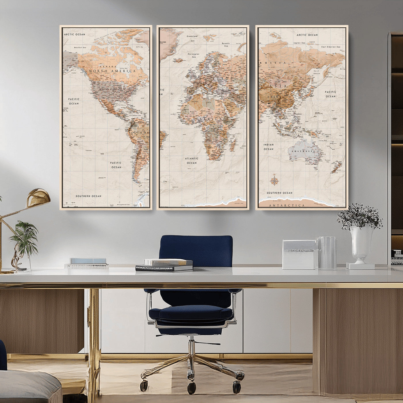 Detailed vintage world map with warm earth tones showing country borders, oceans, continents, and major cities, styled with a textured parchment background.