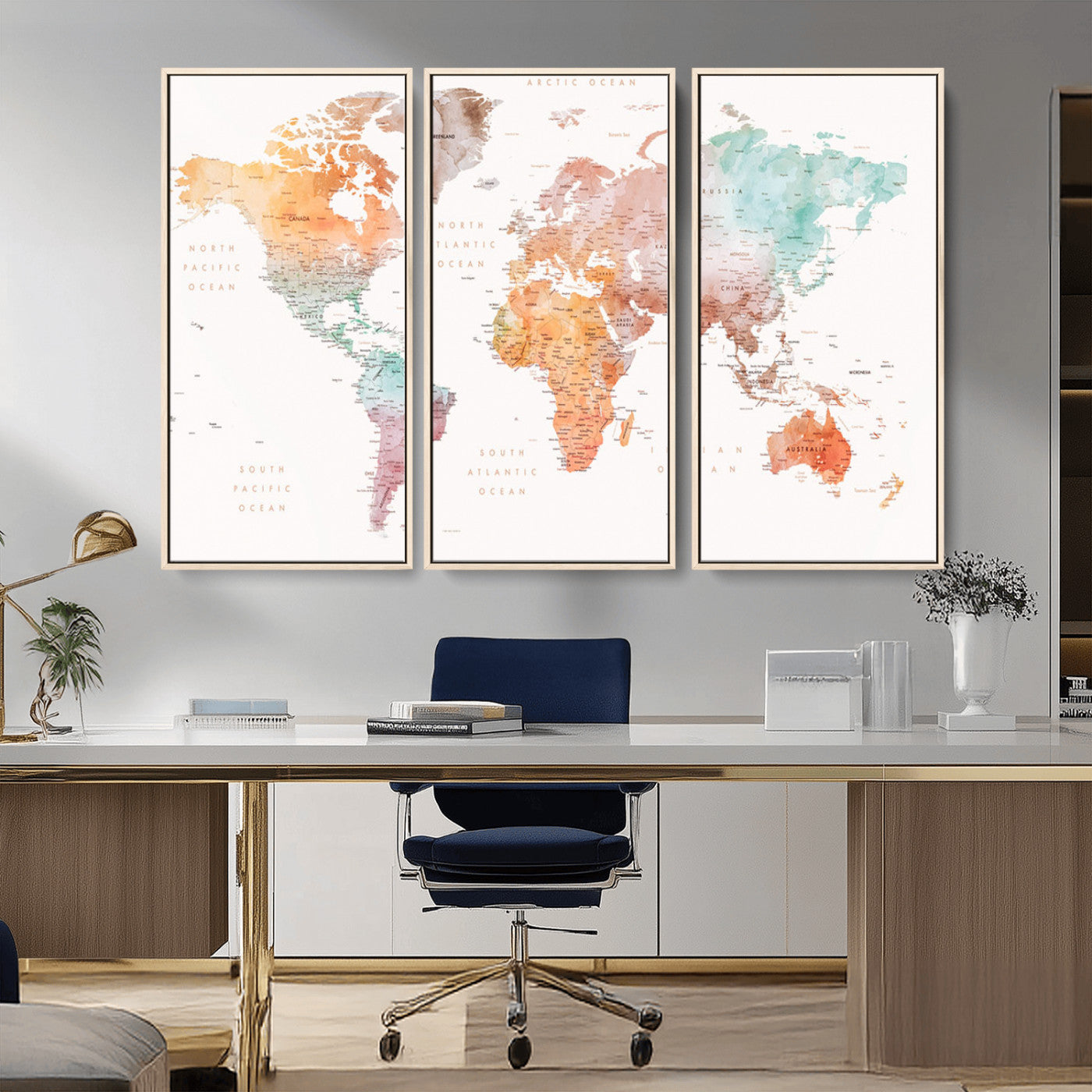 Watercolor world map featuring soft pastel hues in orange, green, blue, and purple on a light background, printed on canvas for vibrant and artistic wall decor.