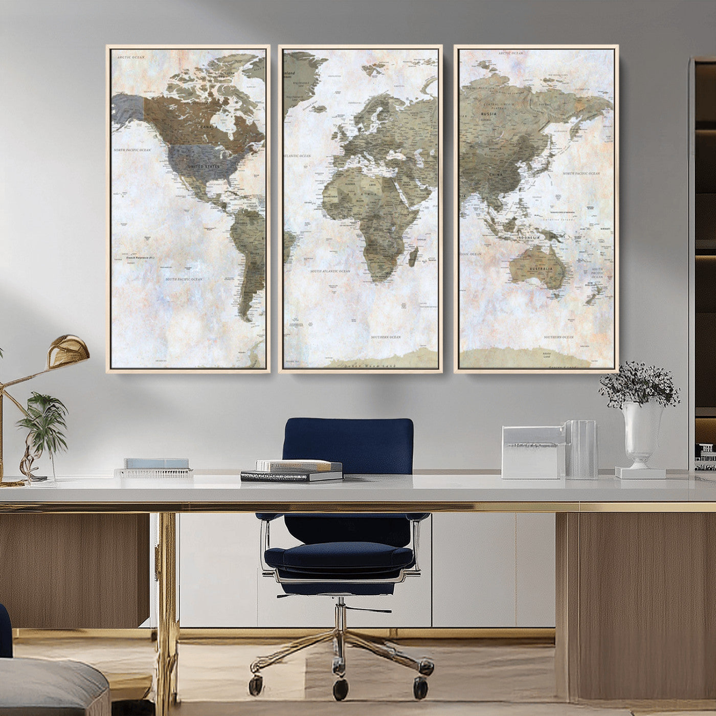 World map printed on a textured canvas with soft muted earth tones and a weathered background, showing detailed countries and continents, perfect for vintage-style wall art.